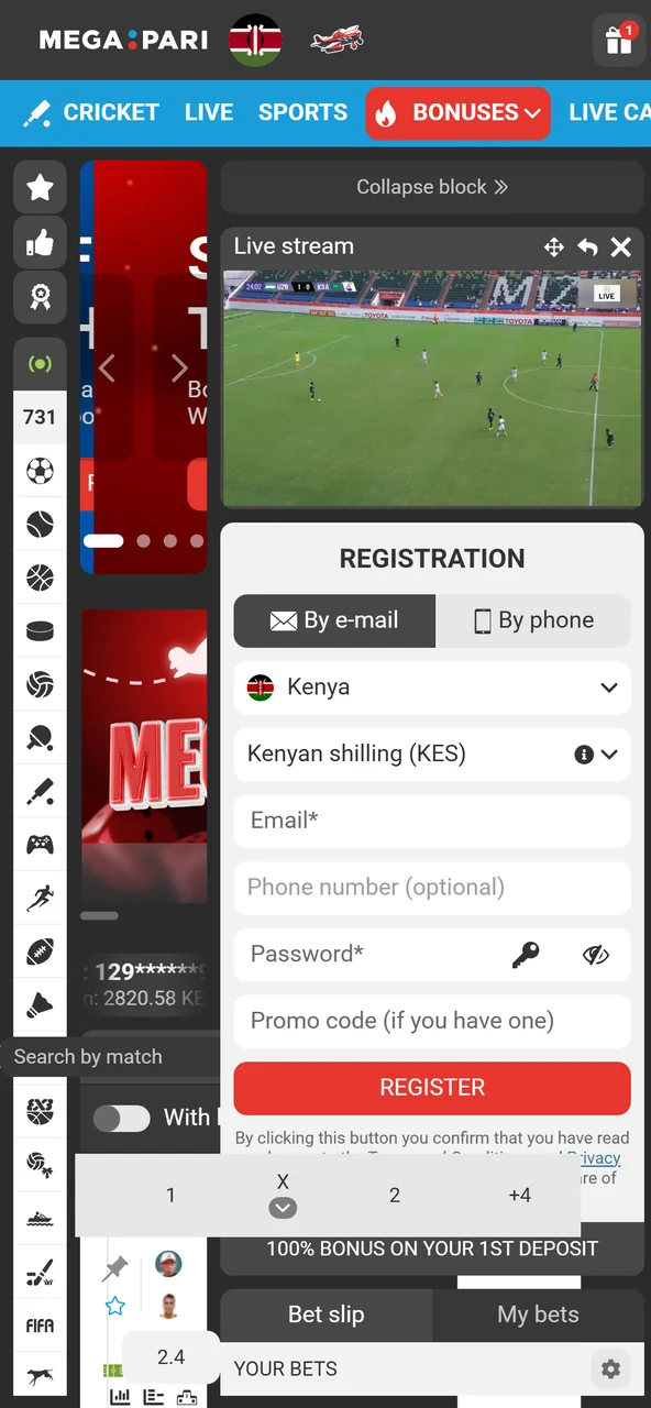 Opening an account from the Megapari mobile app
