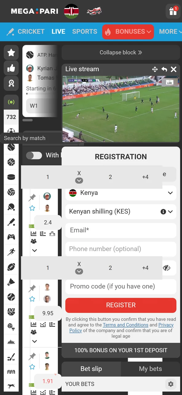 Looking for live matches in the Megapari app