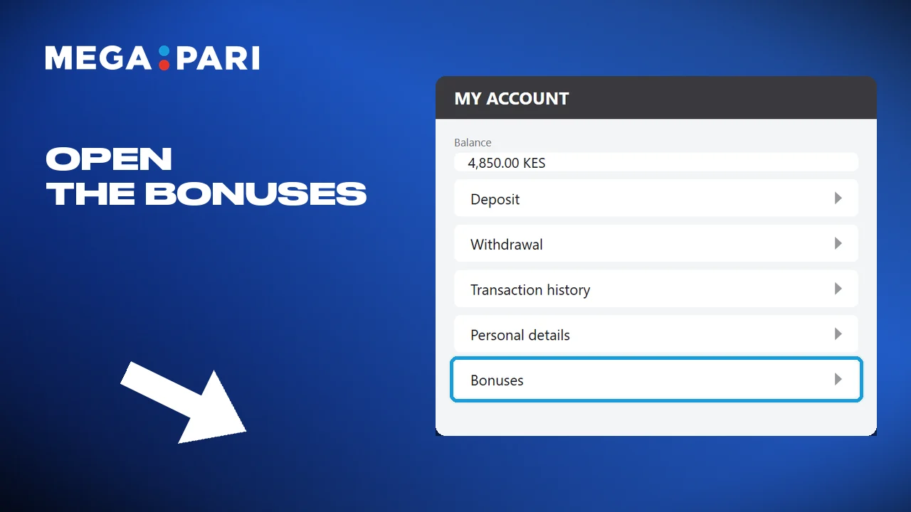 The bonus menu in the Megapari account, with the welcome offer and cashback