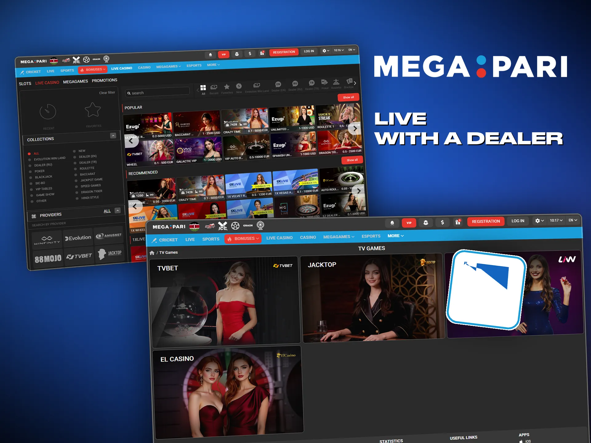 The Megapari live casino, with a real dealer and the chat open