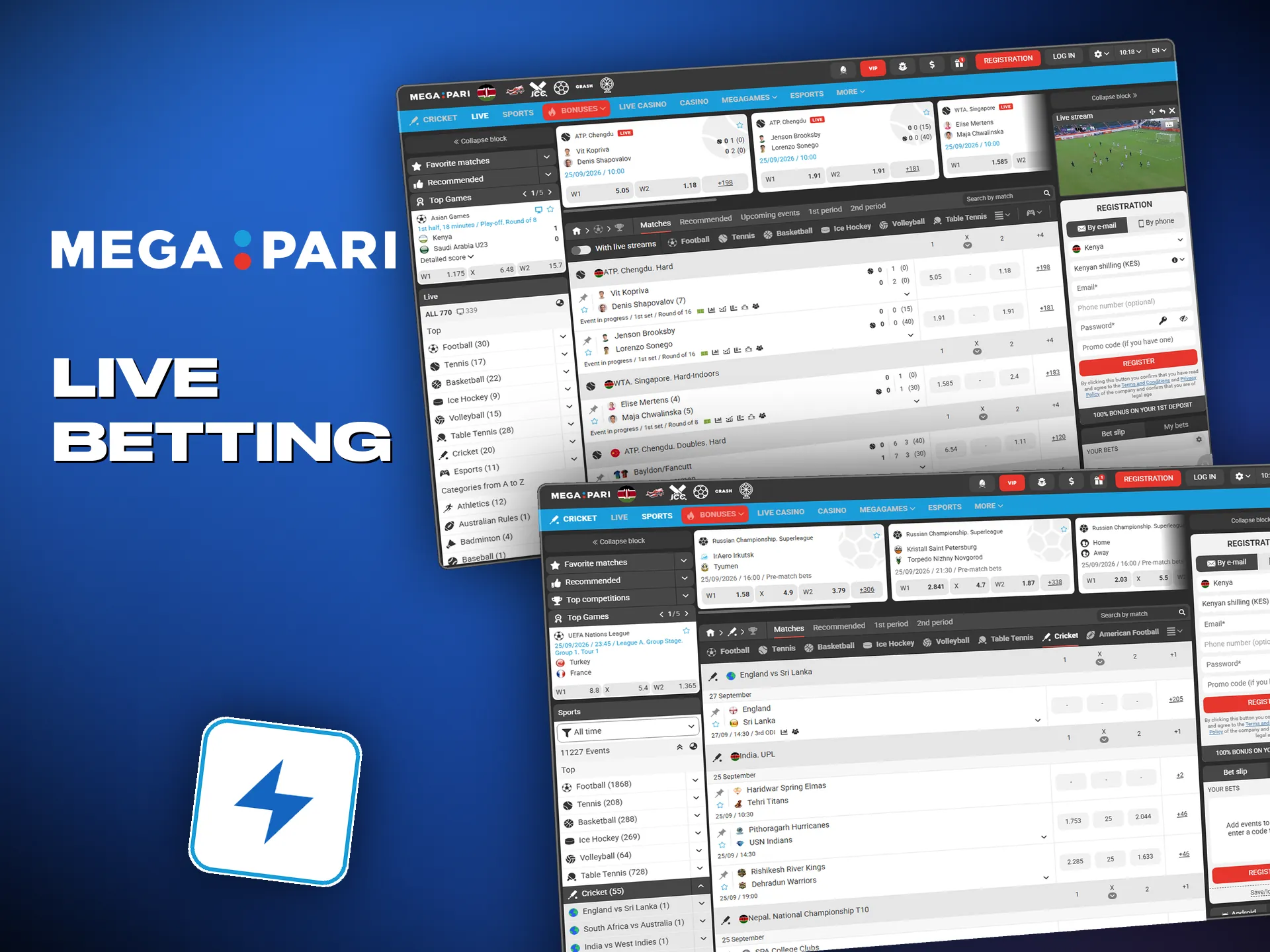 Live betting at Megapari starts straight away, with the stream alongside